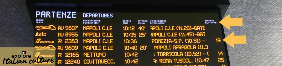 Train movements board, Termini station, Rome, Italy.
